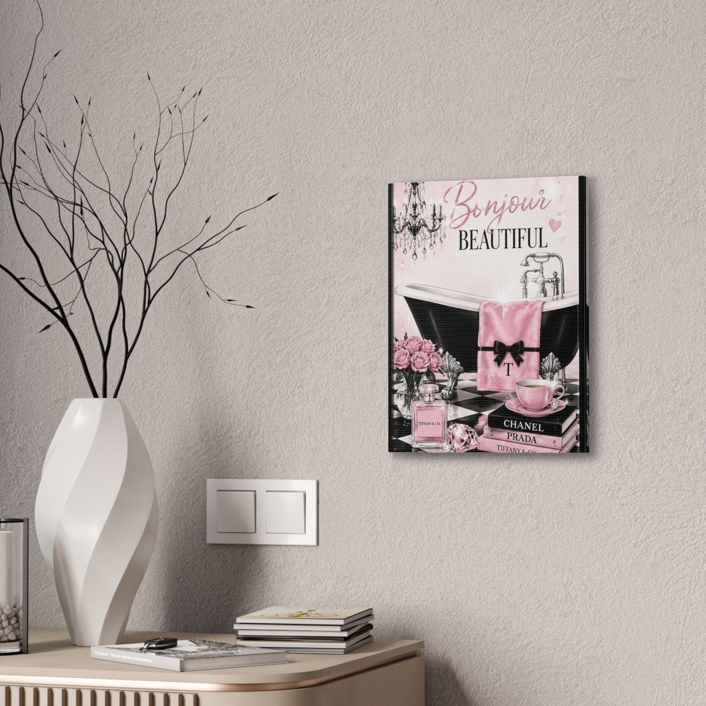 Bonjour Beautiful Wall Art — Pink Parisian Bathroom Canvas