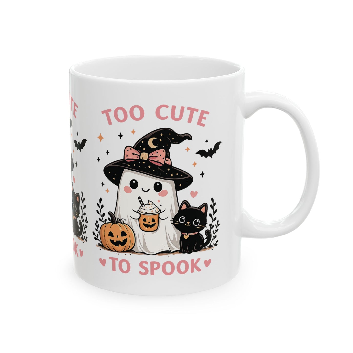 Too Cute to Spook Halloween Mug — Cute Ghost Witch with Black Cat & Pumpkins (11oz/15oz)
