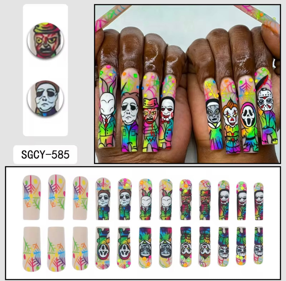 Horror Halloween Press-On Nails | Colorful Spooky Movie-Inspired Long Coffin Fake Nails