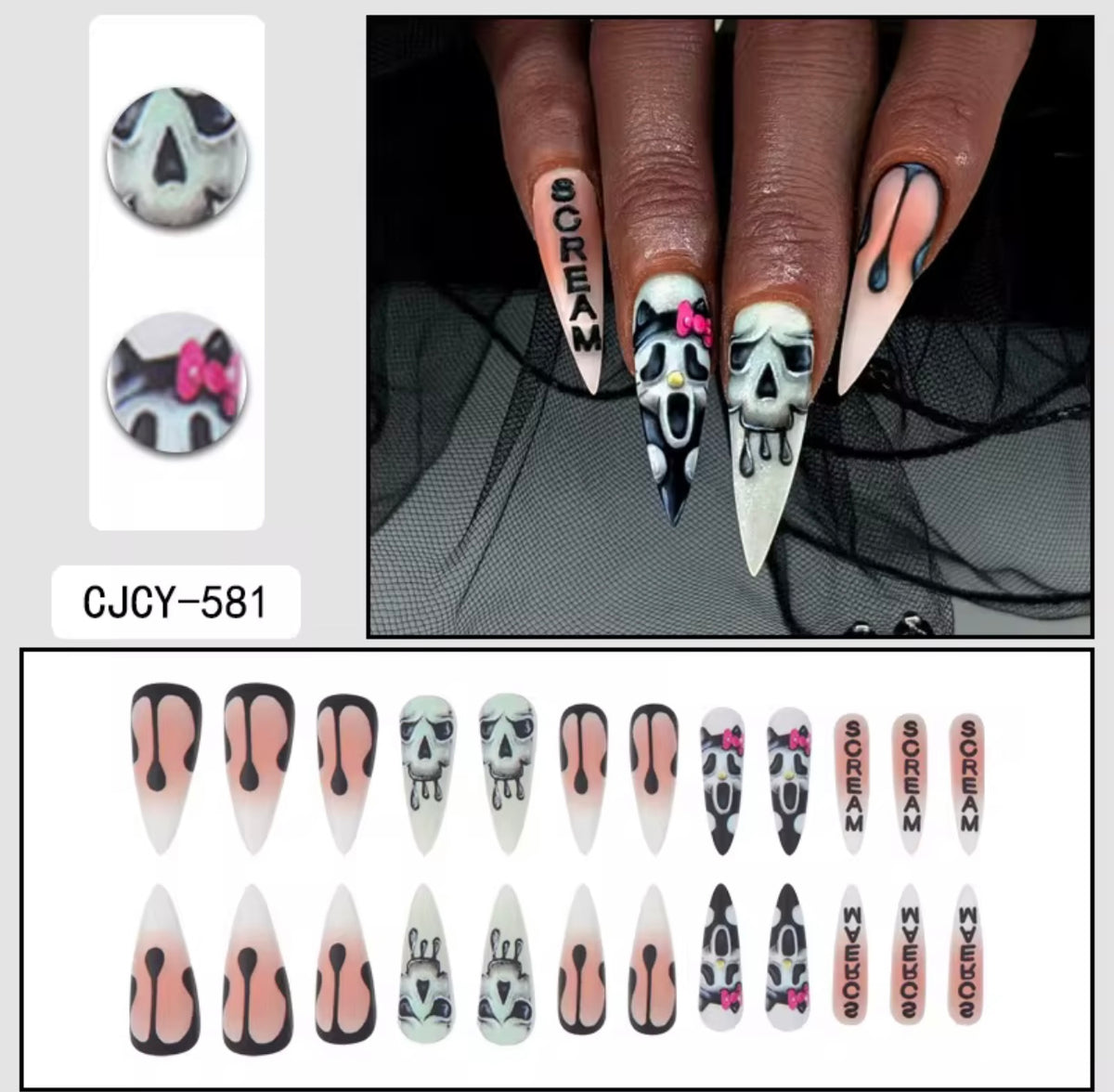 Ghostface Halloween Press-On Nails | Scream Horror Stiletto Fake Nails | Reusable Spooky Nail Set