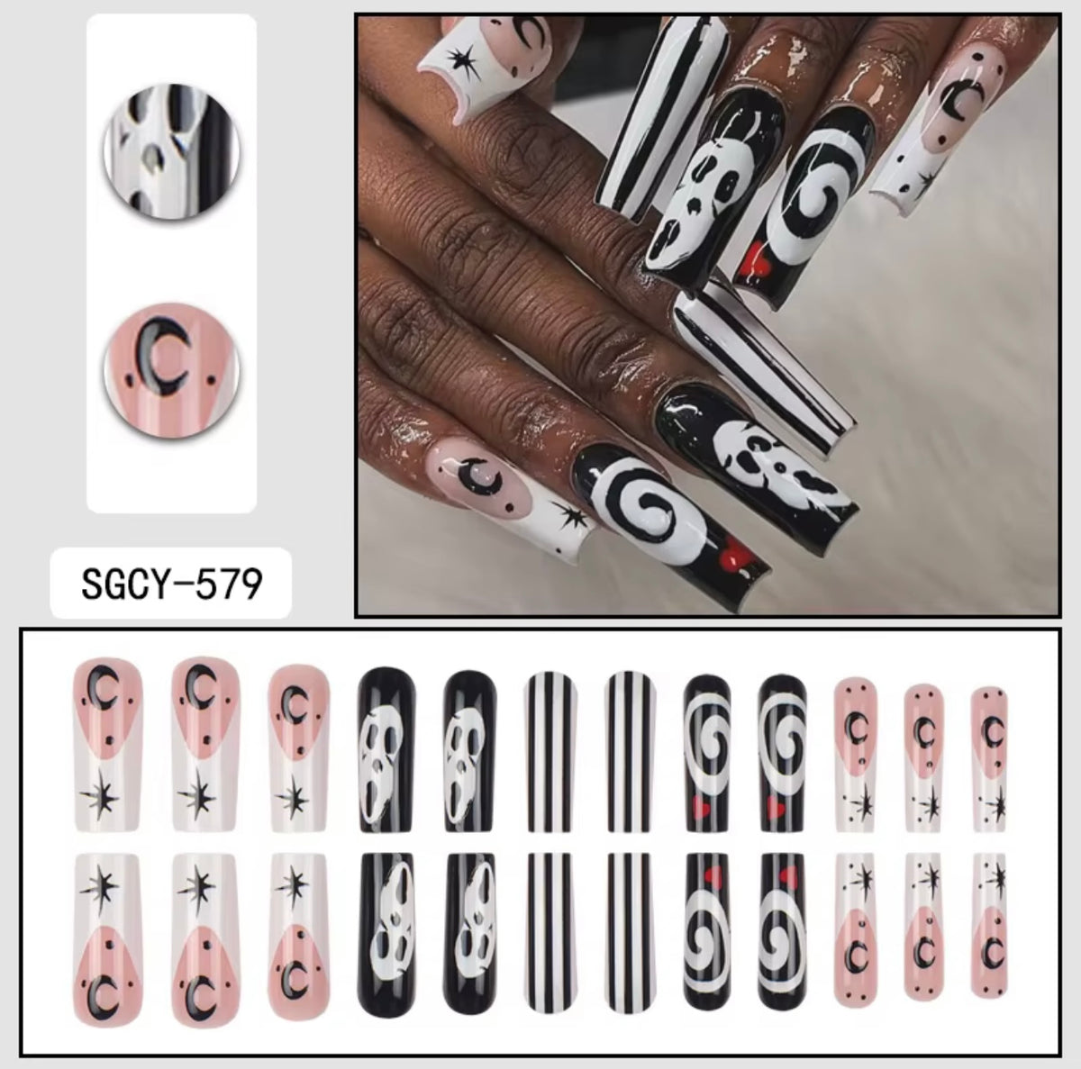Black & White Horror Halloween Press-On Nails | Long Coffin Spooky Fake Nails | Reusable Gothic Nail Set