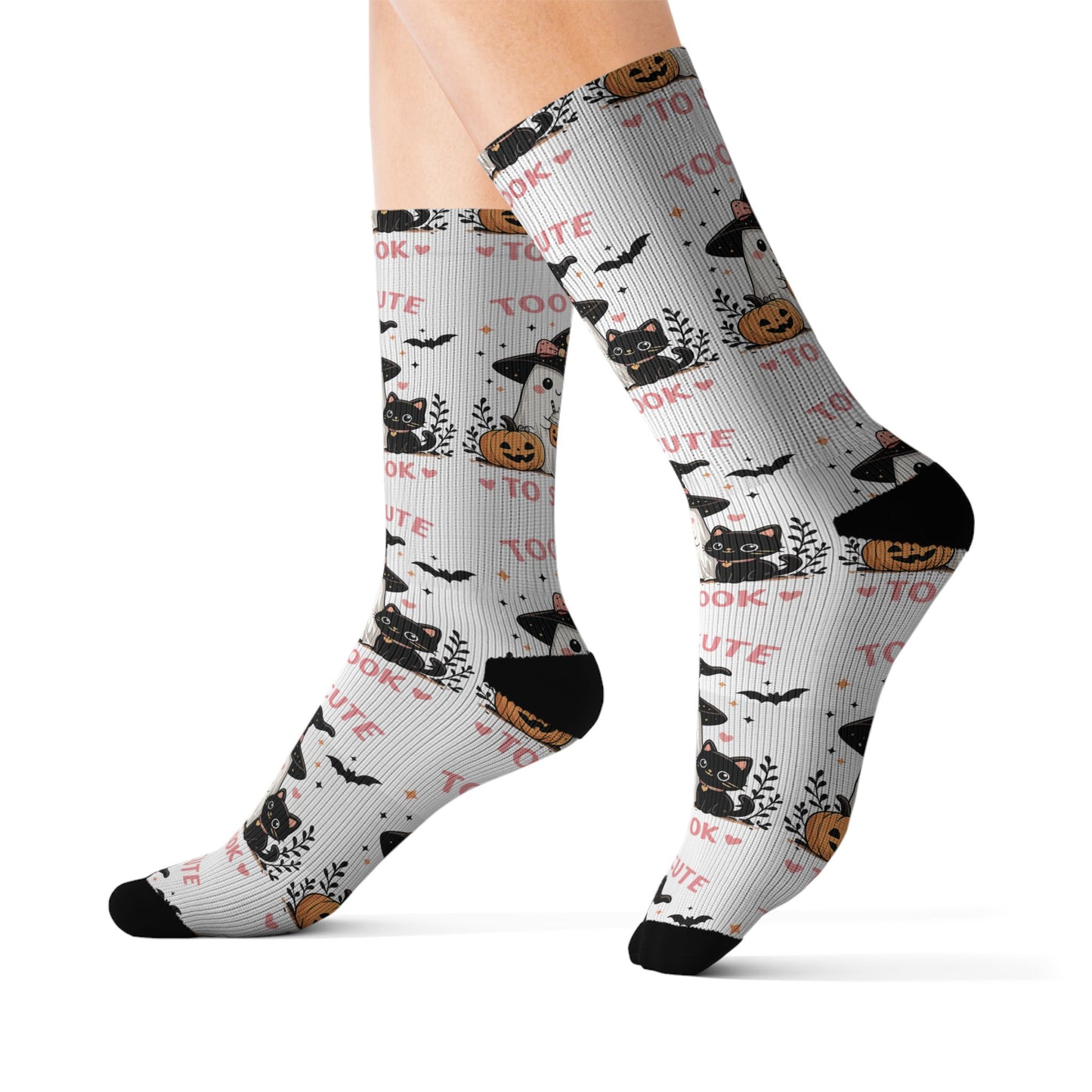 Halloween Cat & Pumpkin Socks — 'Too Cute to Spook' Sublimation Crew Socks