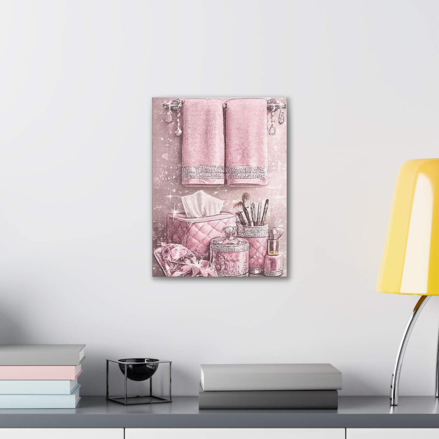 Pink Glam Bathroom Vanity Canvas - Makeup Brushes & Towels Wall Art