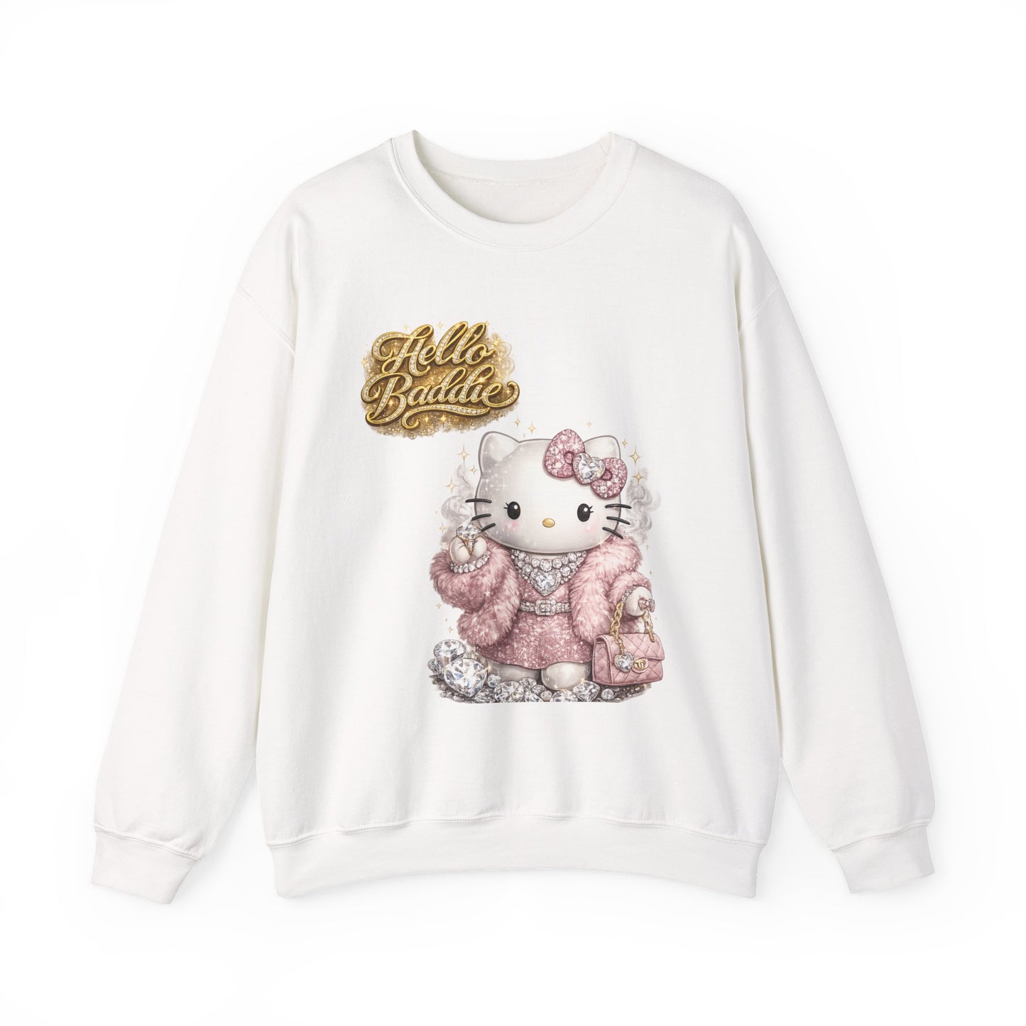 Hello Baddie Crewneck Sweatshirt — Cute Pink Kitty Graphic