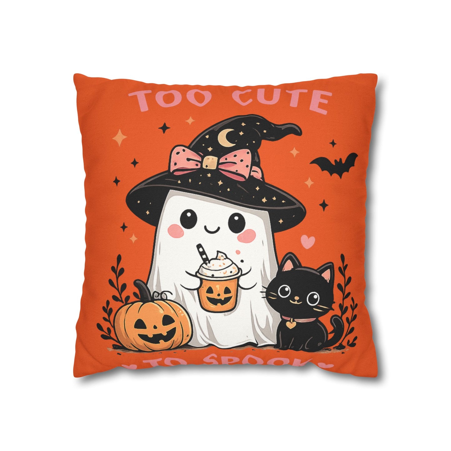 Halloween Ghost & Black Cat Pillowcase — "Too Cute to Spook" Spun Polyester Square Pillow