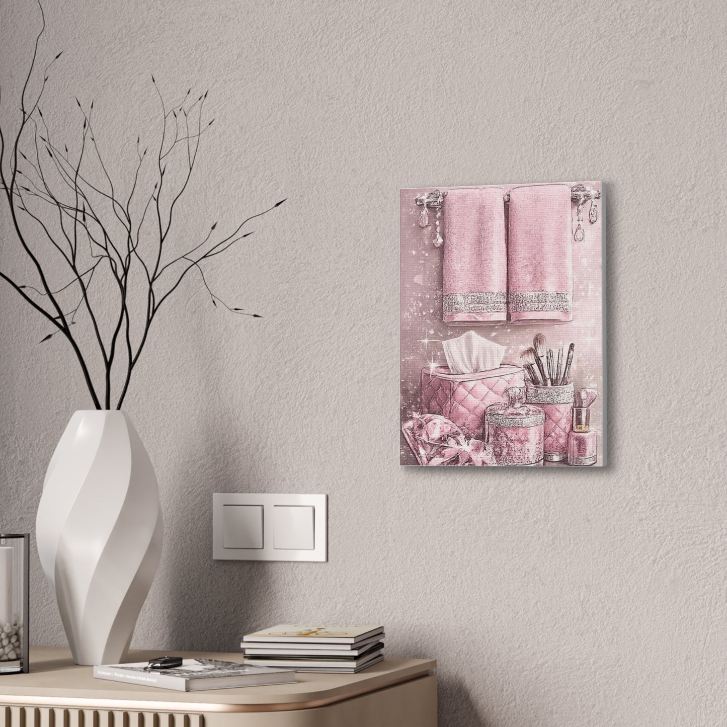 Pink Glam Bathroom Vanity Canvas - Makeup Brushes & Towels Wall Art