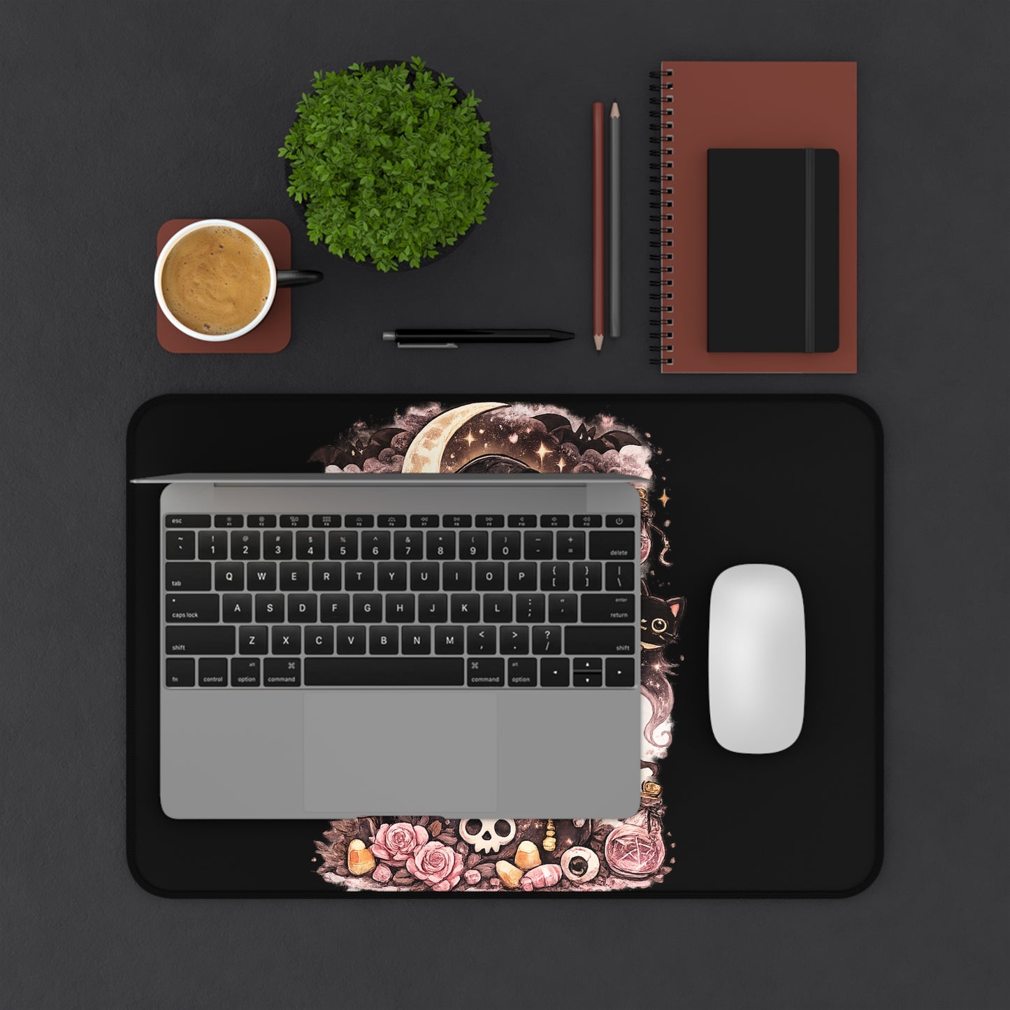 Cute Gothic Witch Desk Mat — Pink Reaper Skull Cat Mousepad