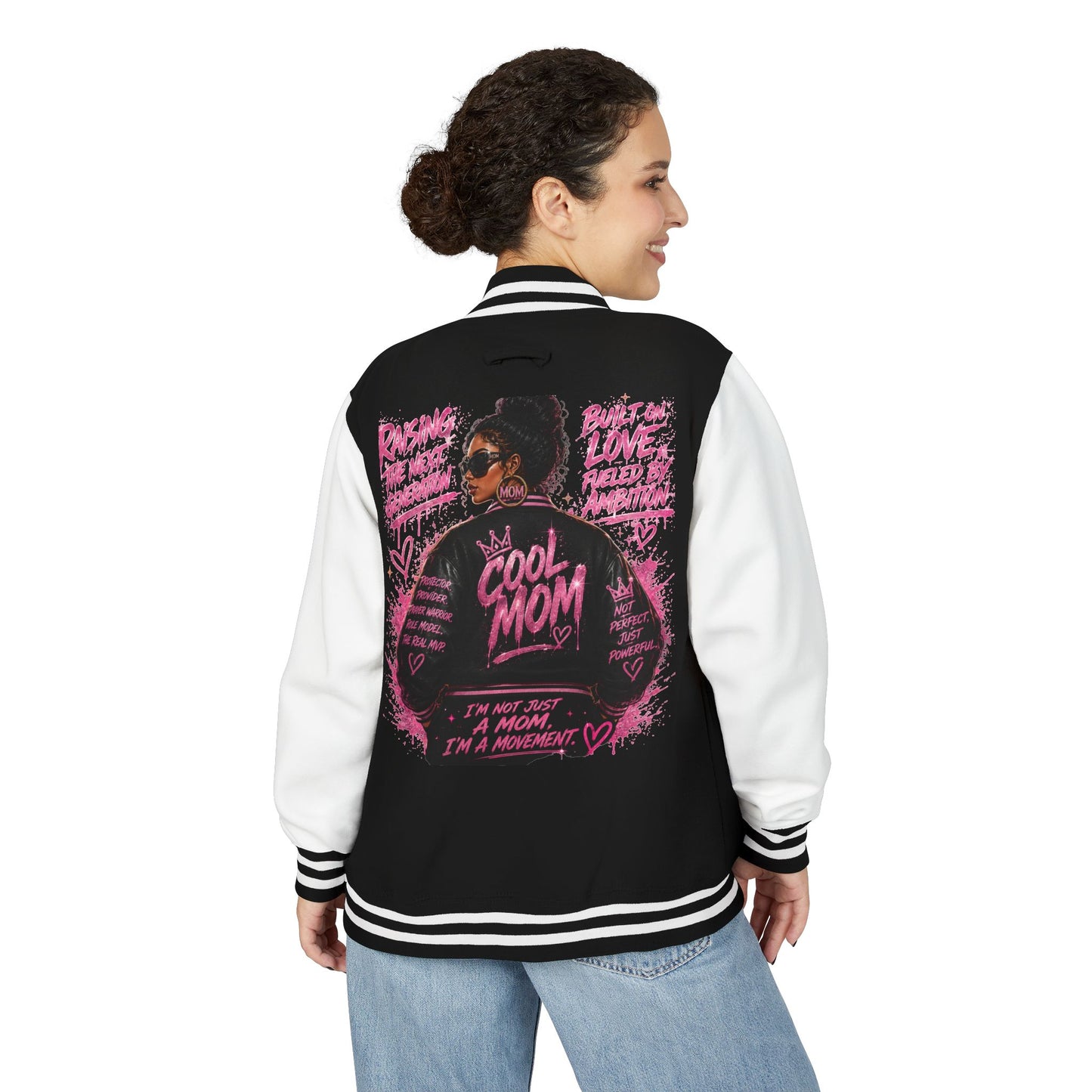"Cool Mom" Pink Heart Varsity Jacket