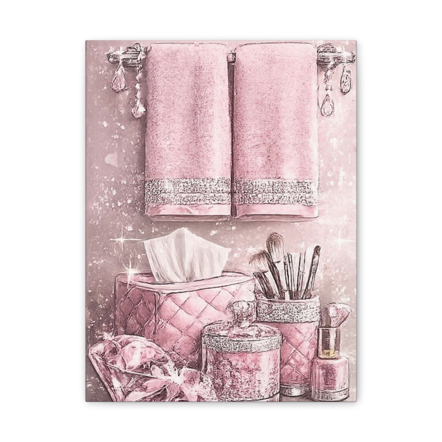 Pink Glam Bathroom Vanity Canvas - Makeup Brushes & Towels Wall Art
