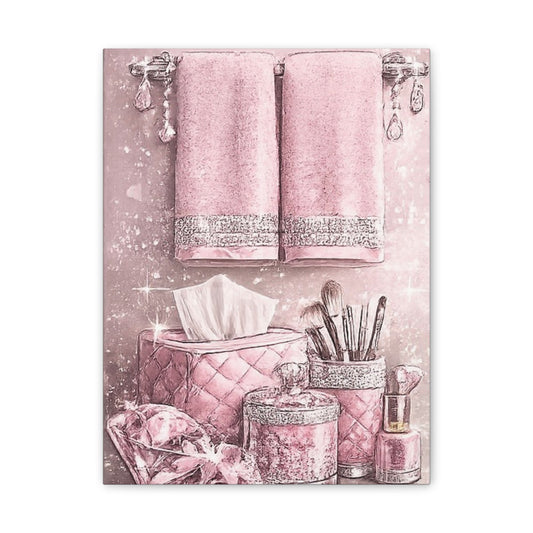 Pink Glam Bathroom Vanity Canvas - Makeup Brushes & Towels Wall Art