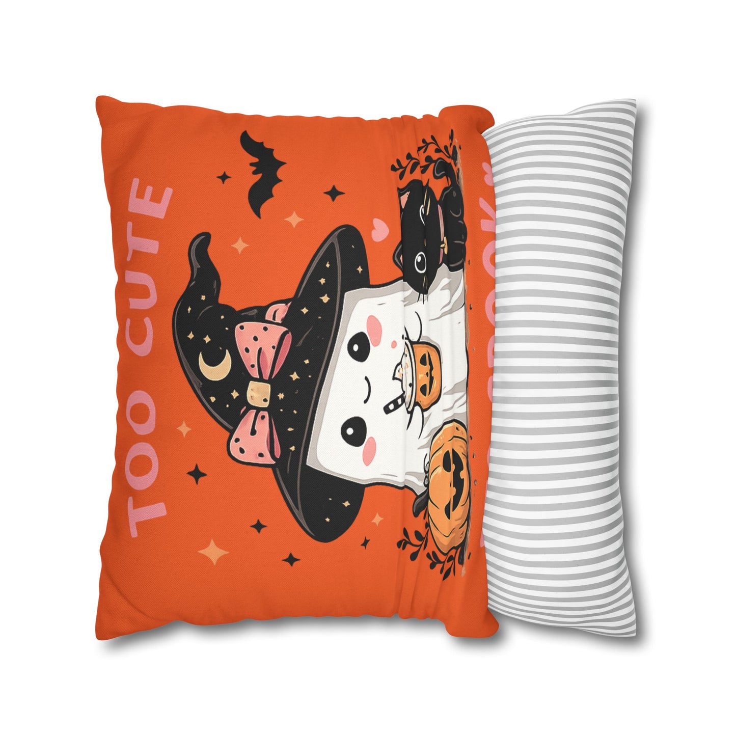Halloween Ghost & Black Cat Pillowcase — "Too Cute to Spook" Spun Polyester Square Pillow