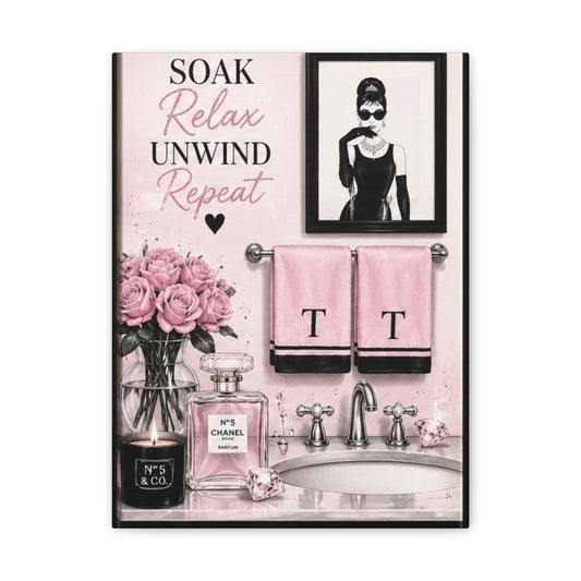 Soak Relax Unwind Repeat Bathroom Canvas Wall Art – Pink Spa Vanity Print