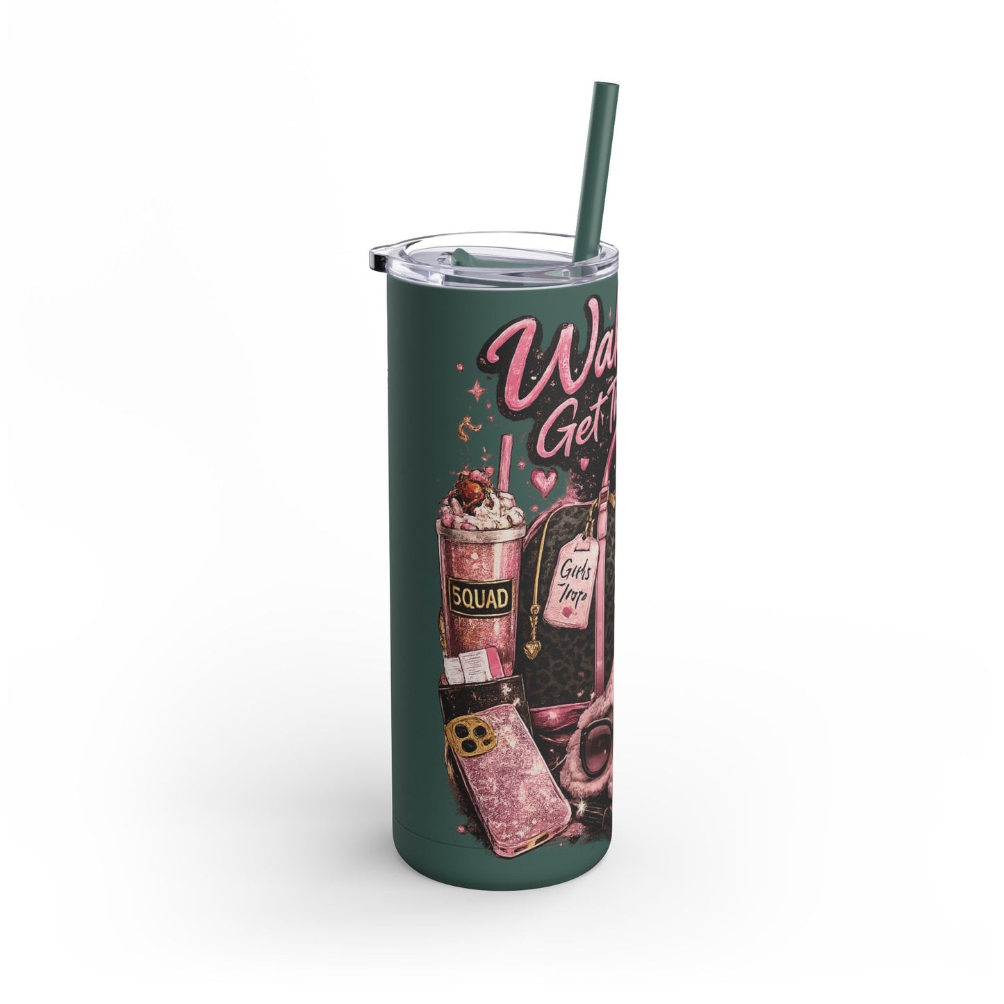 Skinny Tumbler - "Wake Up & Get That Bag" Pink Coffee Travel Cup