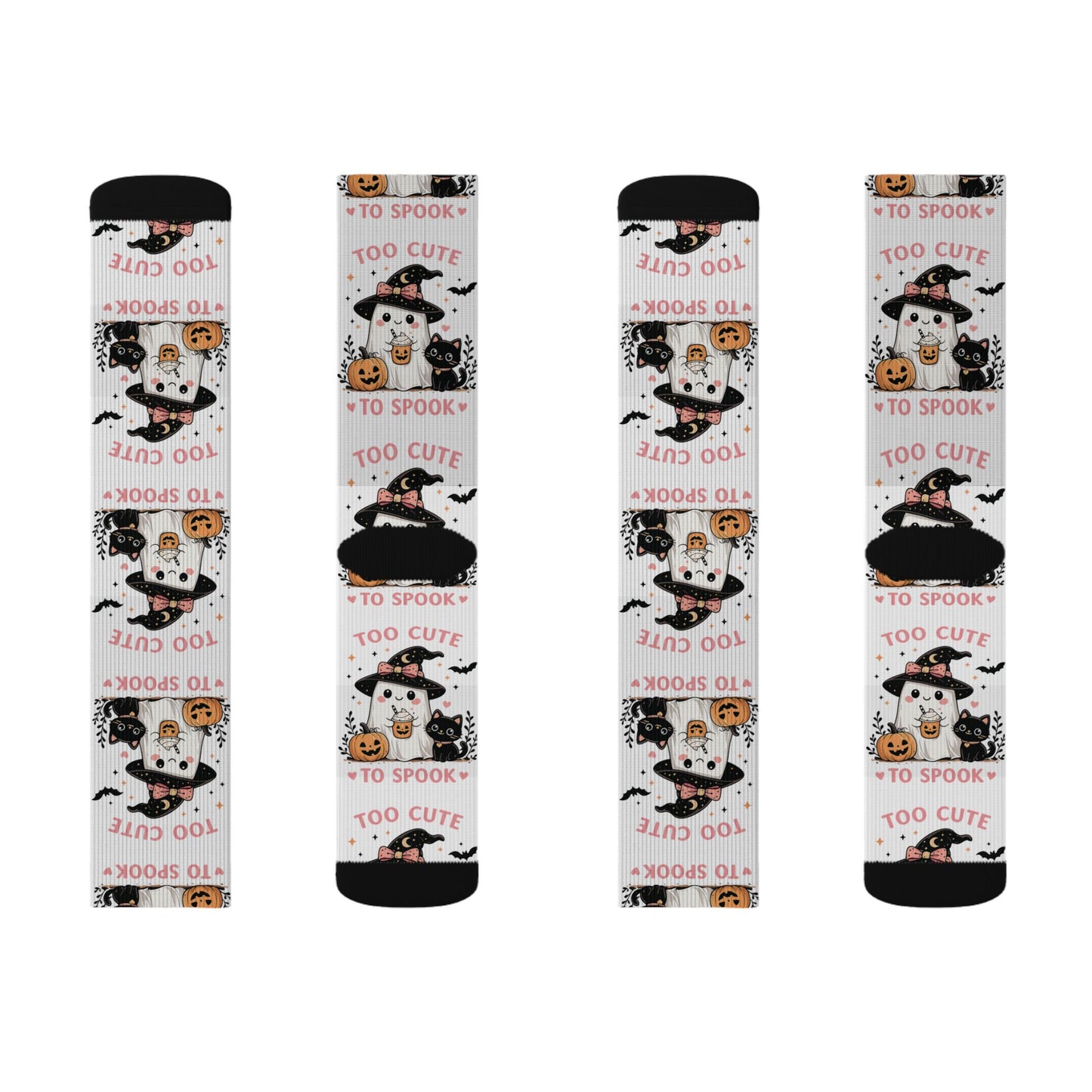Halloween Cat & Pumpkin Socks — 'Too Cute to Spook' Sublimation Crew Socks