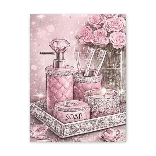 Pink Glam Bathroom Vanity Canvas Art — Sparkling Soap & Roses Wall Decor