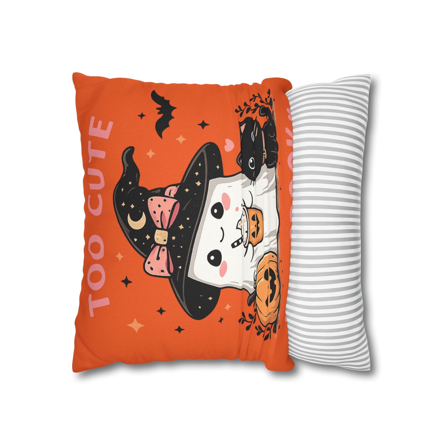 Halloween Ghost & Black Cat Pillowcase — "Too Cute to Spook" Spun Polyester Square Pillow