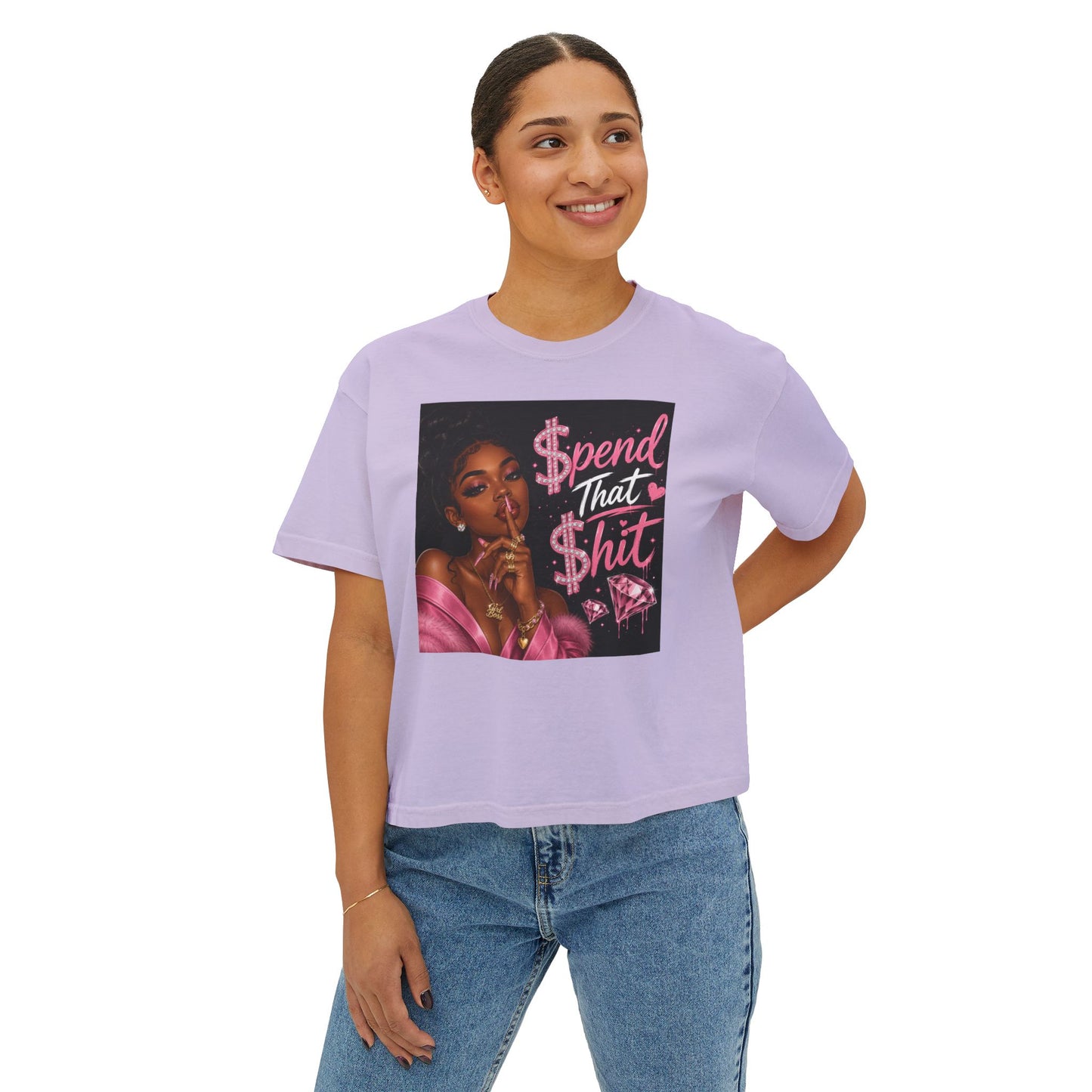 Spend That Shit Boxy Tee — Bold Pink Glam Graphic T-Shirt