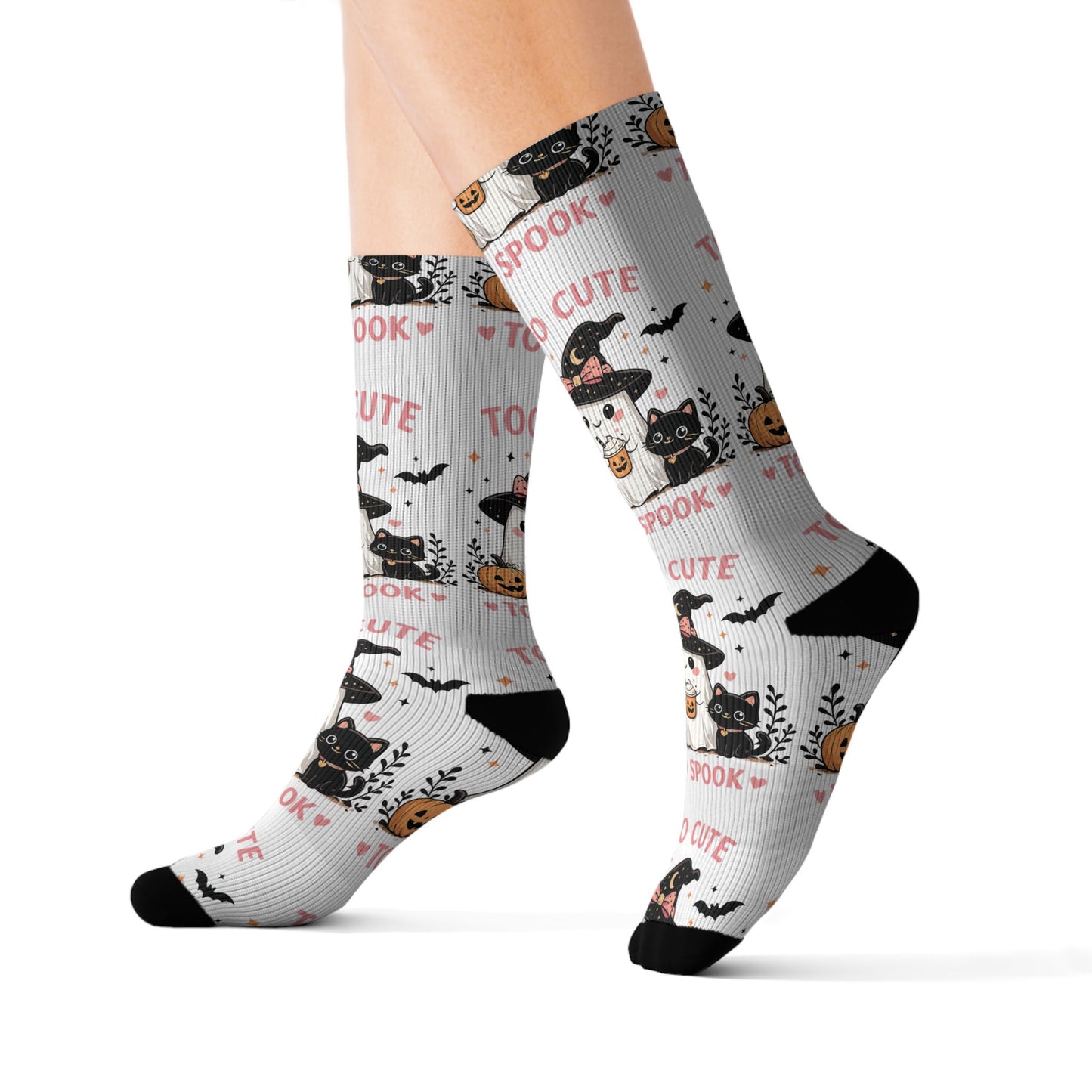 Halloween Cat & Pumpkin Socks — 'Too Cute to Spook' Sublimation Crew Socks