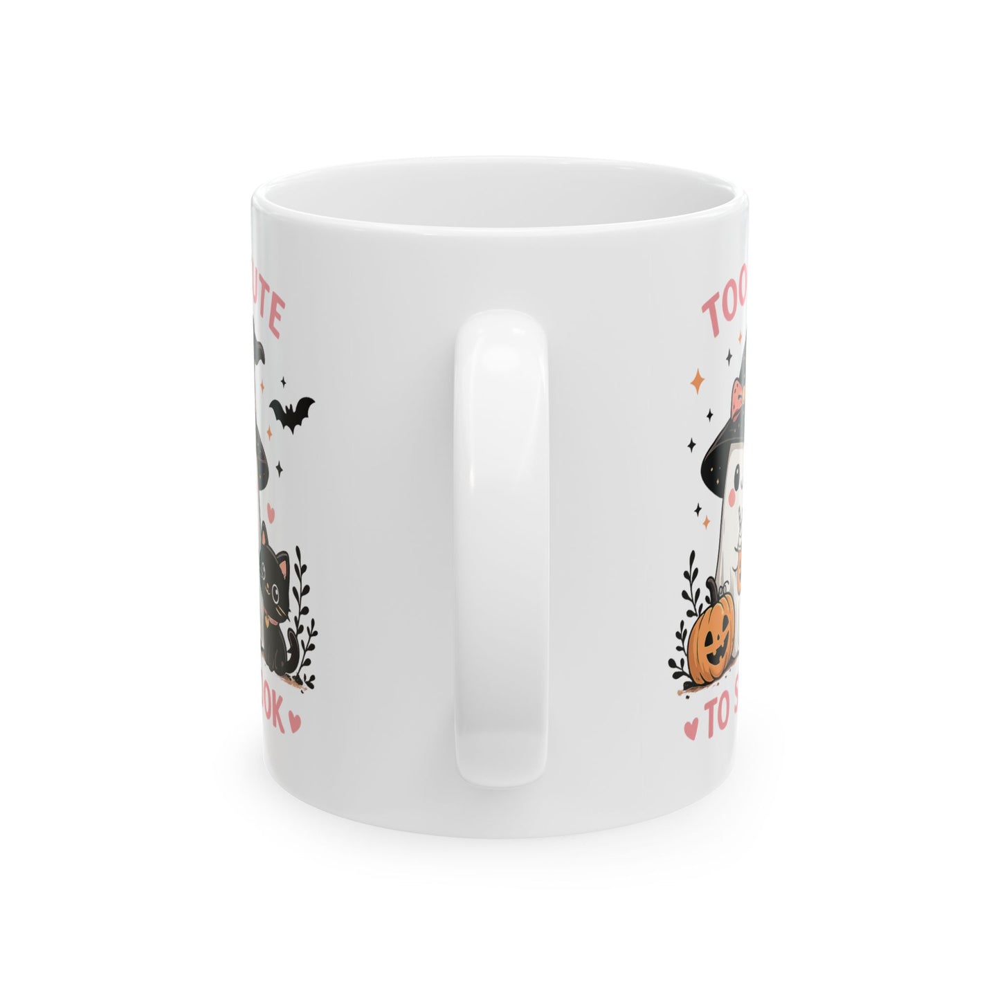 Too Cute to Spook Halloween Mug — Cute Ghost Witch with Black Cat & Pumpkins (11oz/15oz)