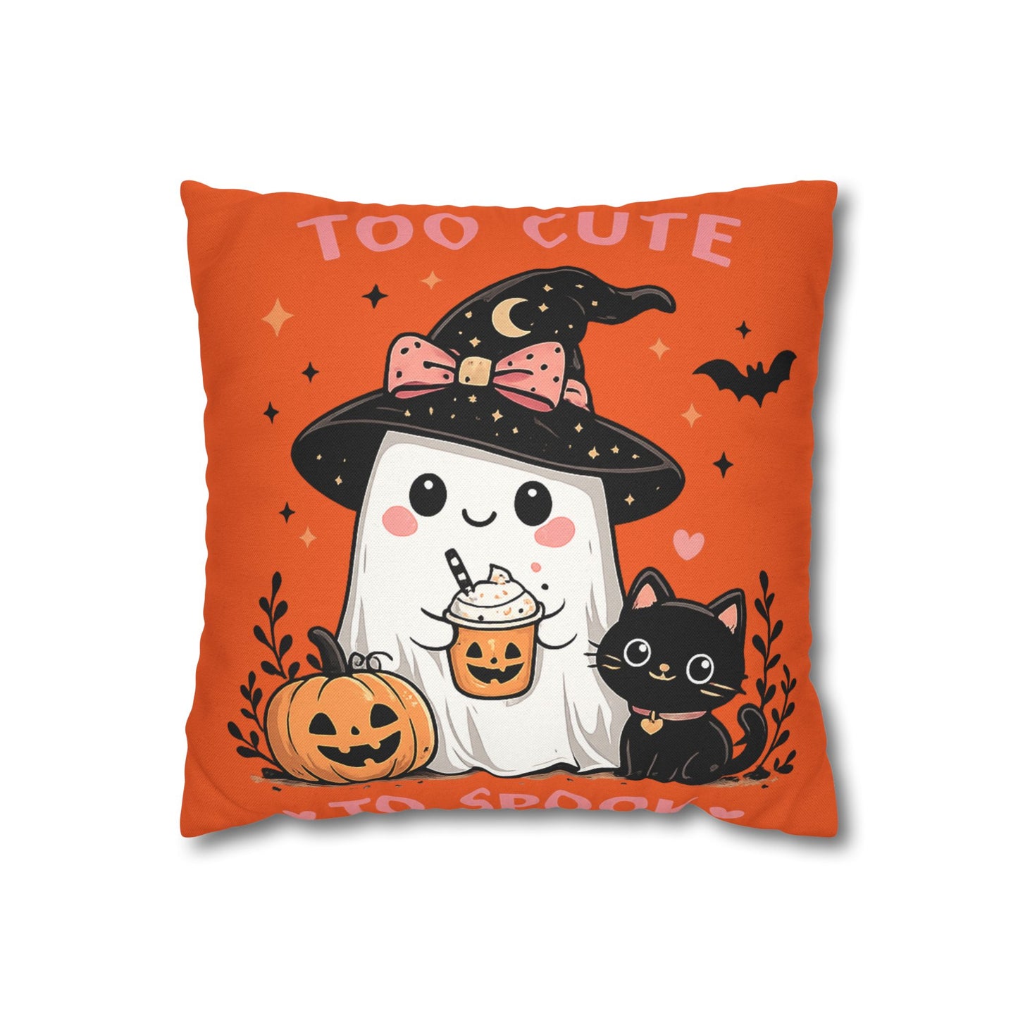 Halloween Ghost & Black Cat Pillowcase — "Too Cute to Spook" Spun Polyester Square Pillow