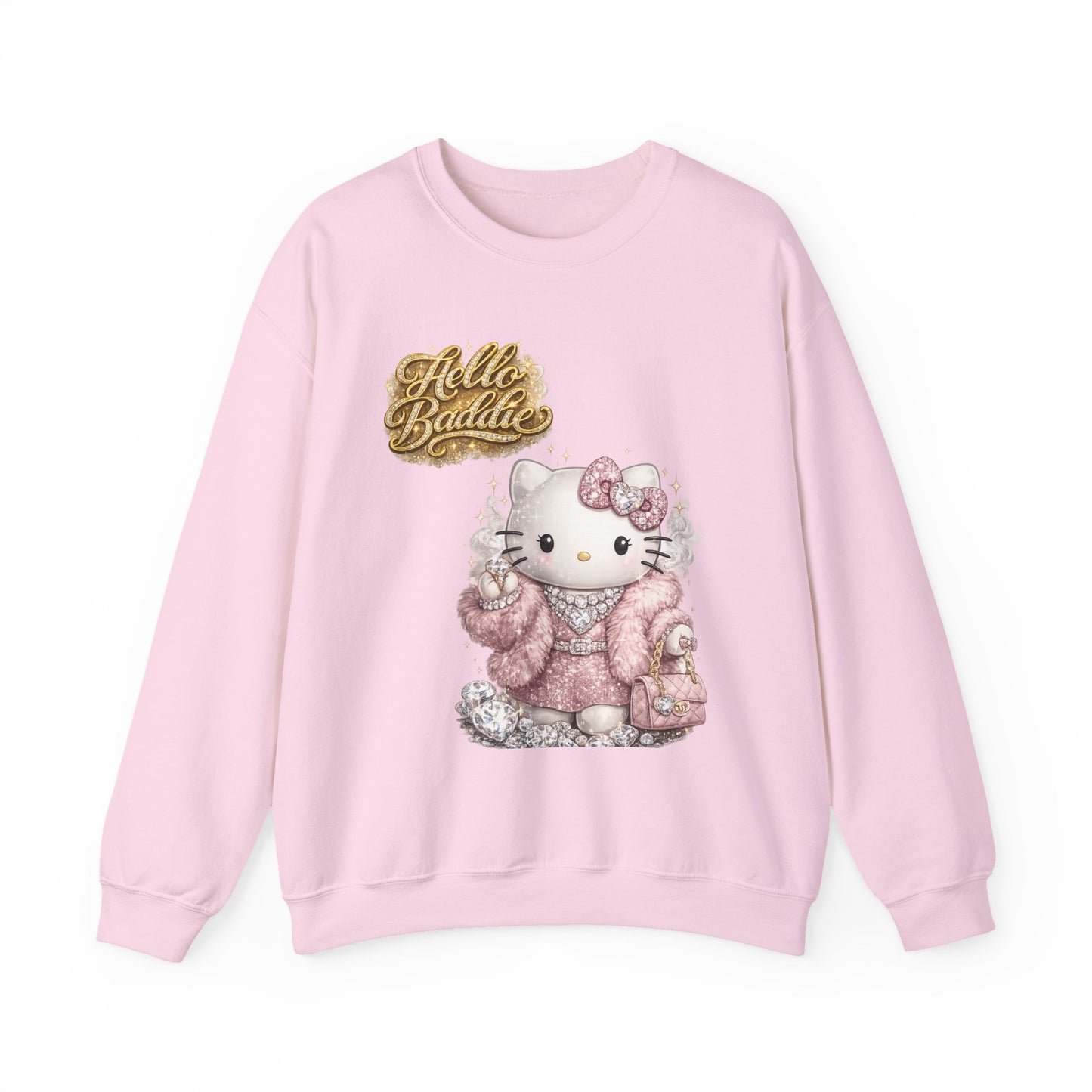 Hello Baddie Crewneck Sweatshirt — Cute Pink Kitty Graphic