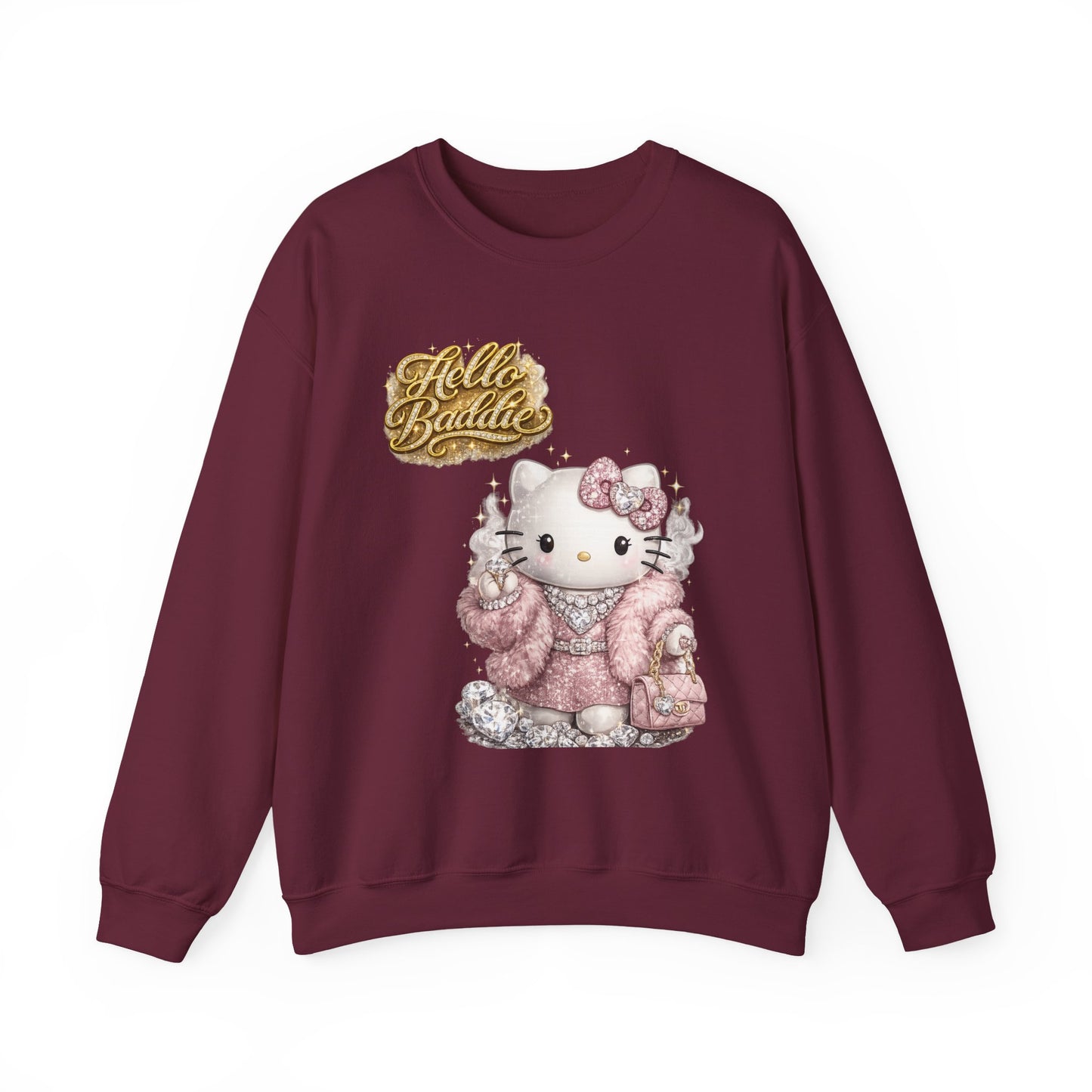 Hello Baddie Crewneck Sweatshirt — Cute Pink Kitty Graphic