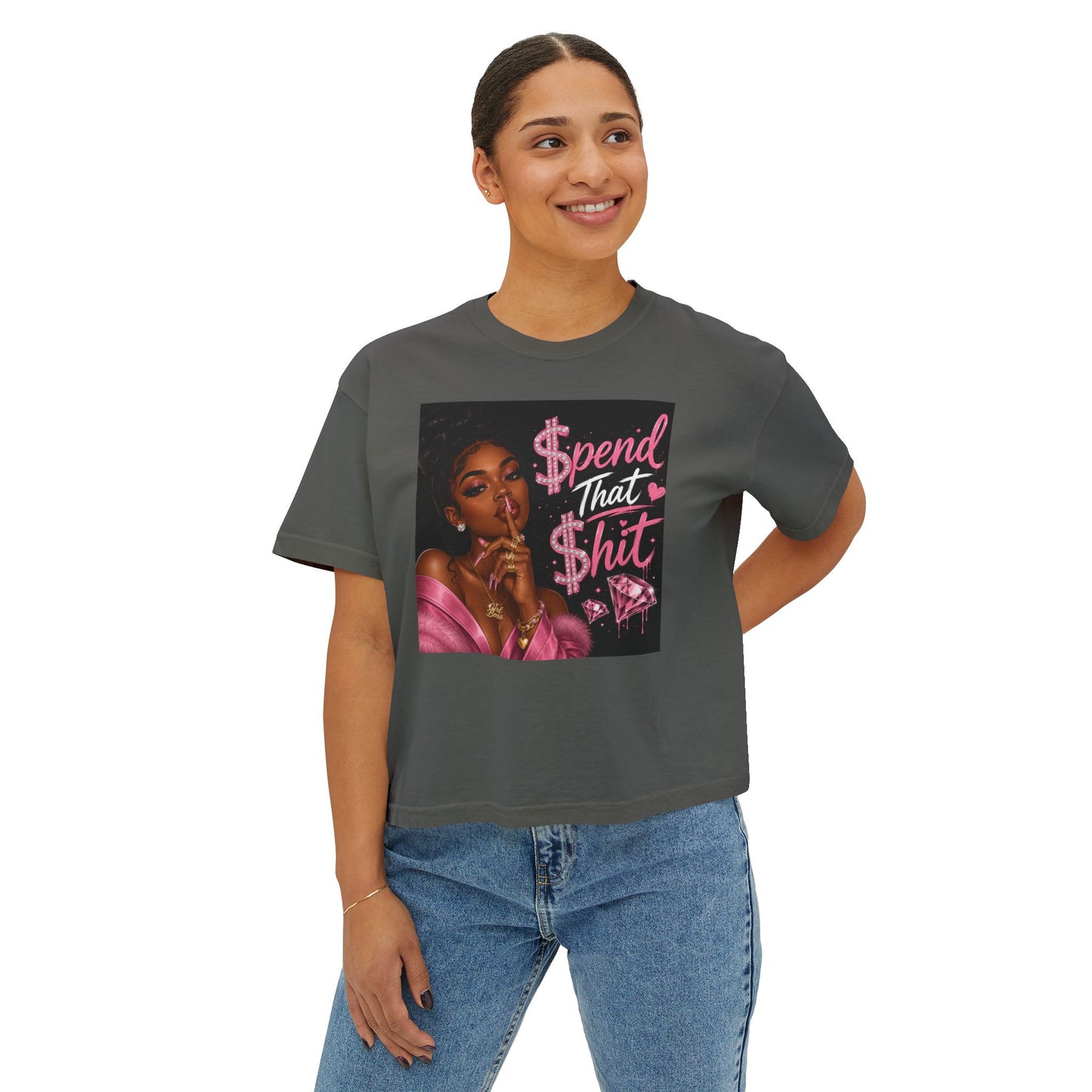 Spend That Shit Boxy Tee — Bold Pink Glam Graphic T-Shirt