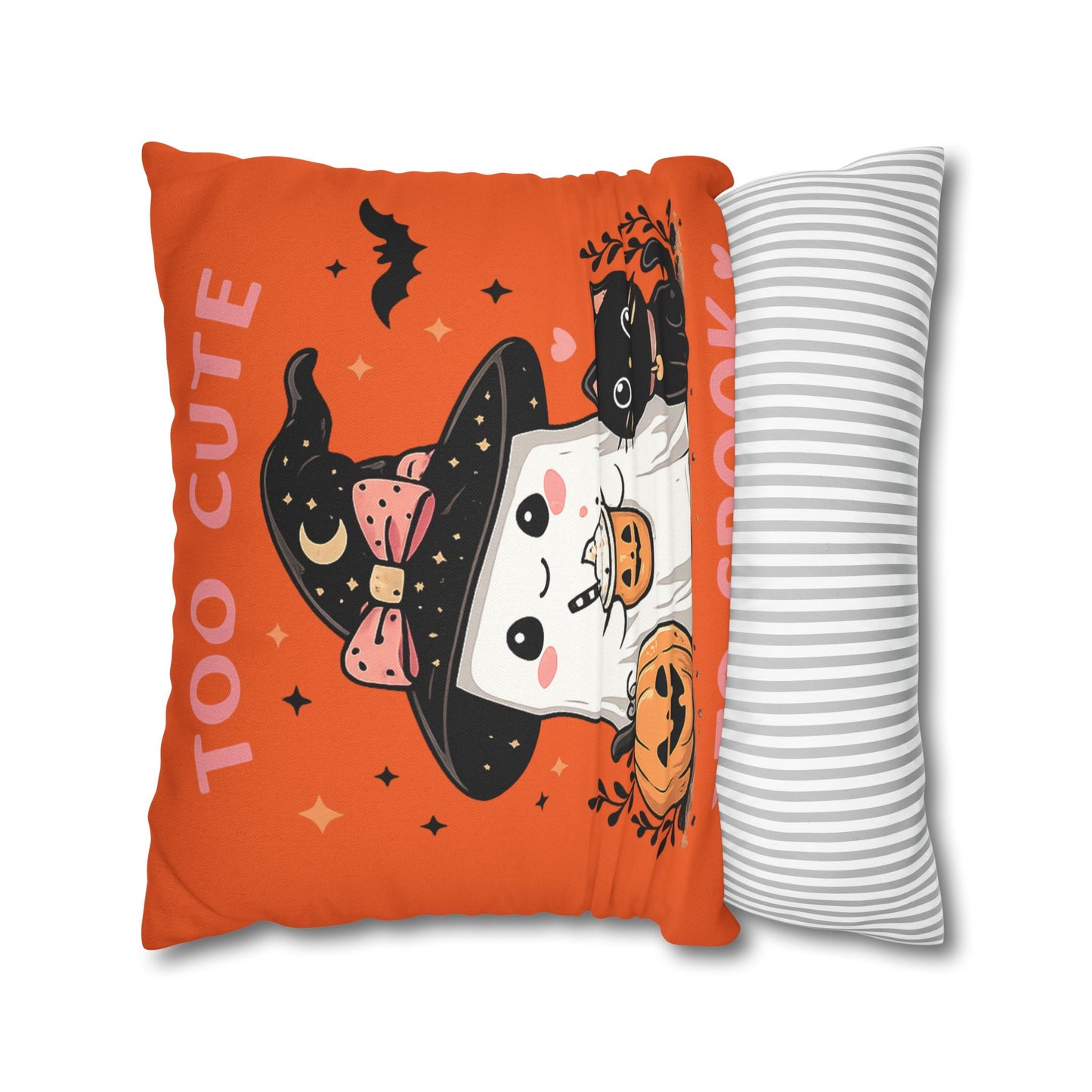 Halloween Ghost & Black Cat Pillowcase — "Too Cute to Spook" Spun Polyester Square Pillow
