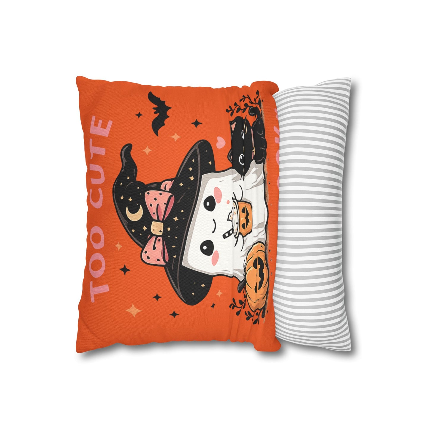 Halloween Ghost & Black Cat Pillowcase — "Too Cute to Spook" Spun Polyester Square Pillow
