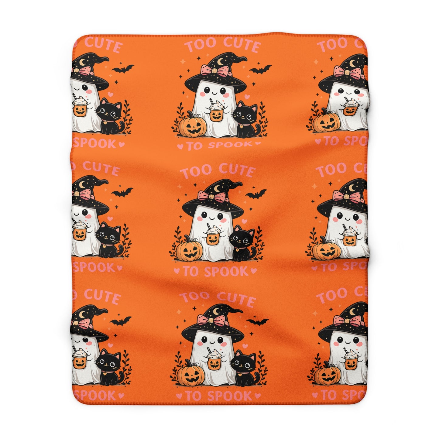 Halloween Cat Sherpa Blanket — "Too Cute to Spook" Orange Fleece Throw