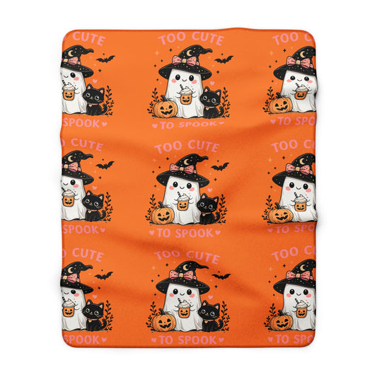 Halloween Cat Sherpa Blanket — "Too Cute to Spook" Orange Fleece Throw