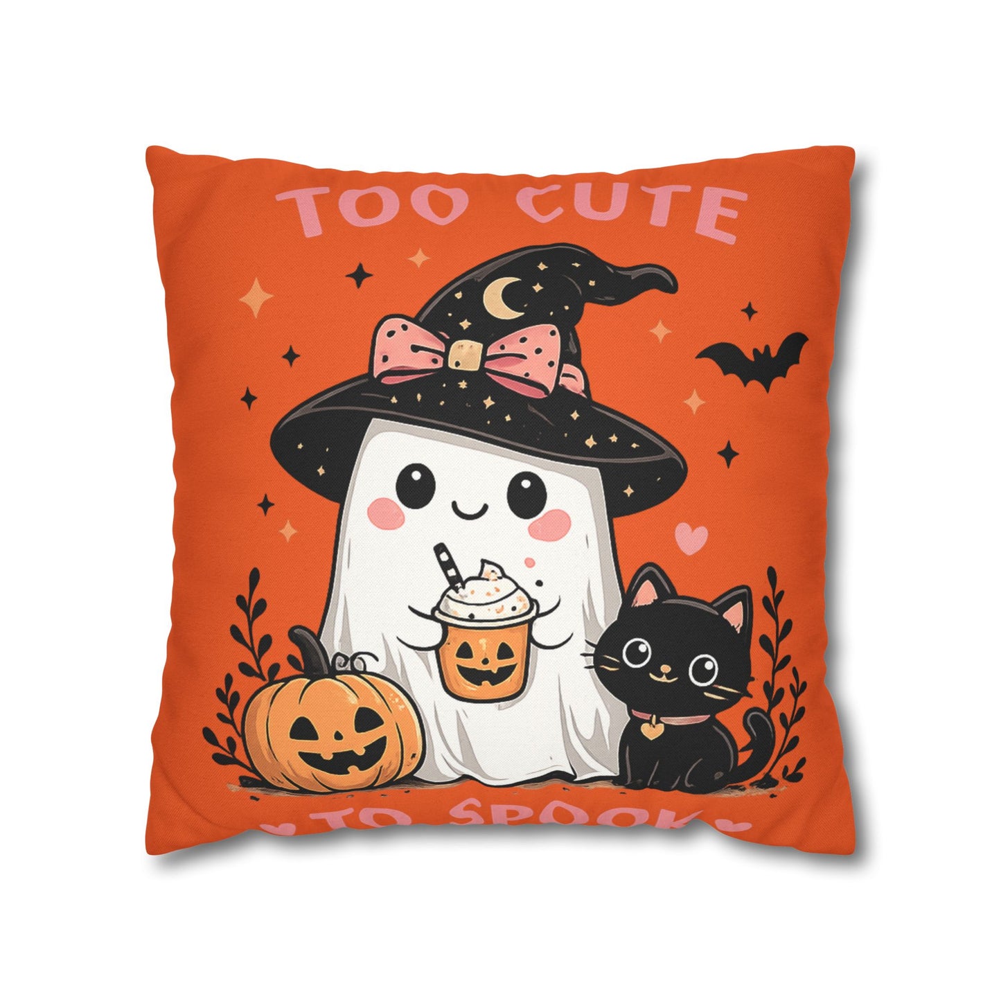 Halloween Ghost & Black Cat Pillowcase — "Too Cute to Spook" Spun Polyester Square Pillow