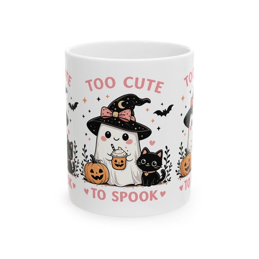 Too Cute to Spook Halloween Mug — Cute Ghost Witch with Black Cat & Pumpkins (11oz/15oz)