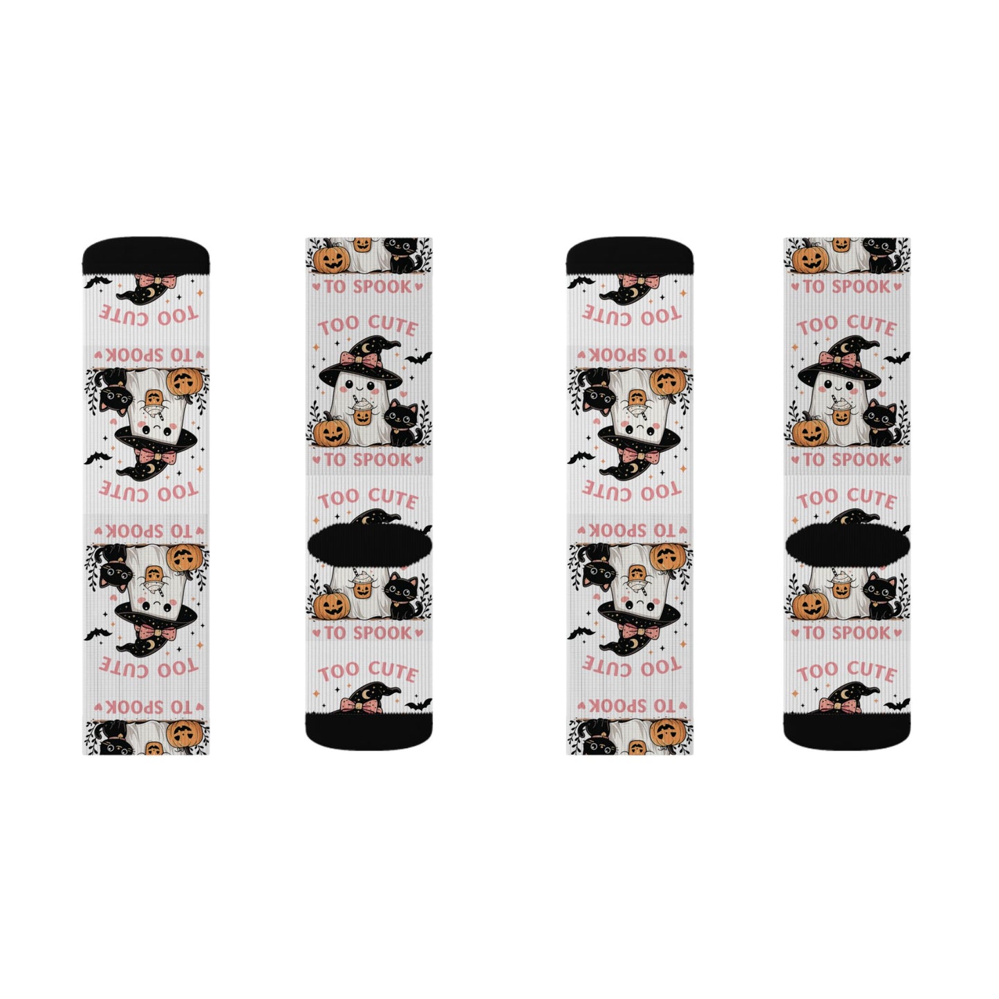 Halloween Cat & Pumpkin Socks — 'Too Cute to Spook' Sublimation Crew Socks