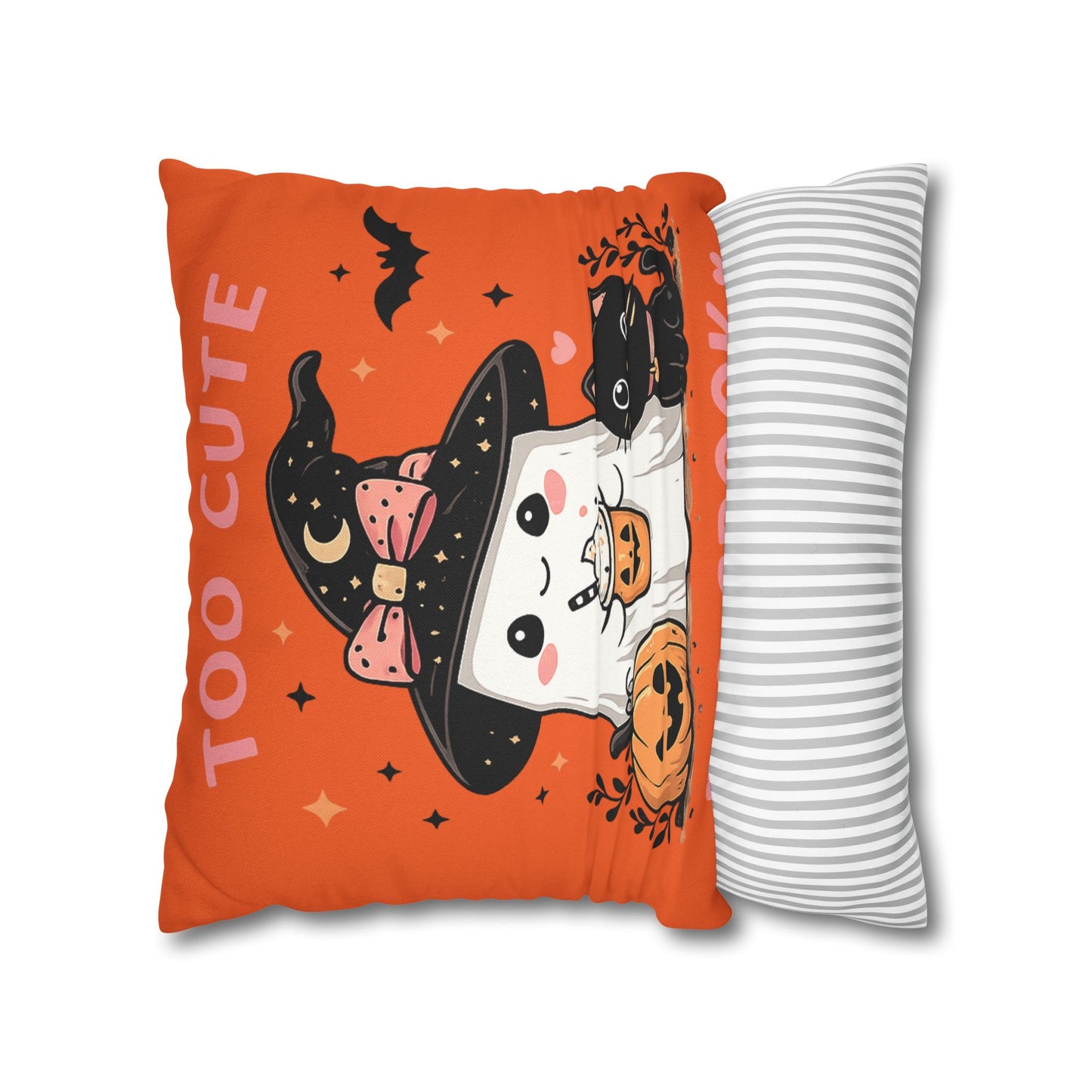 Halloween Ghost & Black Cat Pillowcase — "Too Cute to Spook" Spun Polyester Square Pillow
