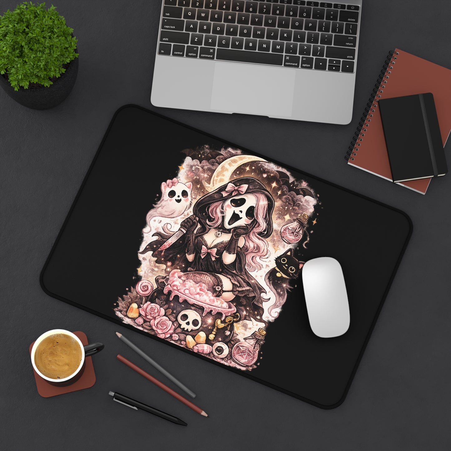 Cute Gothic Witch Desk Mat — Pink Reaper Skull Cat Mousepad