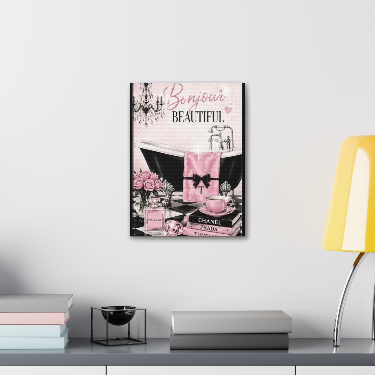 Bonjour Beautiful Wall Art — Pink Parisian Bathroom Canvas