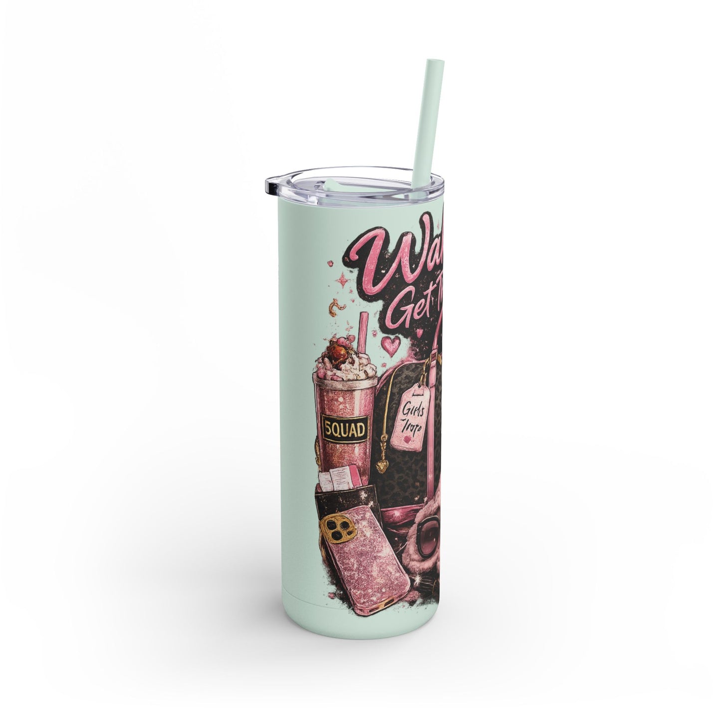 Skinny Tumbler - "Wake Up & Get That Bag" Pink Coffee Travel Cup