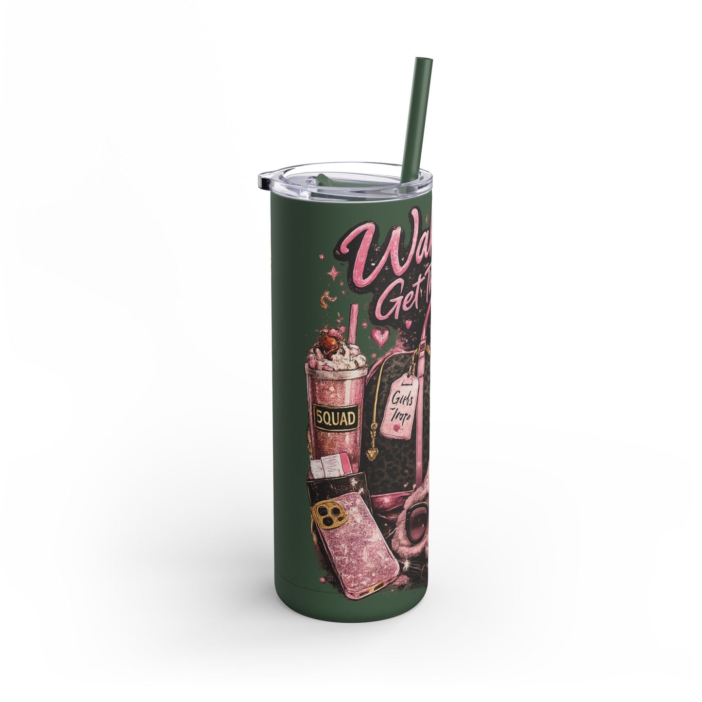 Skinny Tumbler - "Wake Up & Get That Bag" Pink Coffee Travel Cup