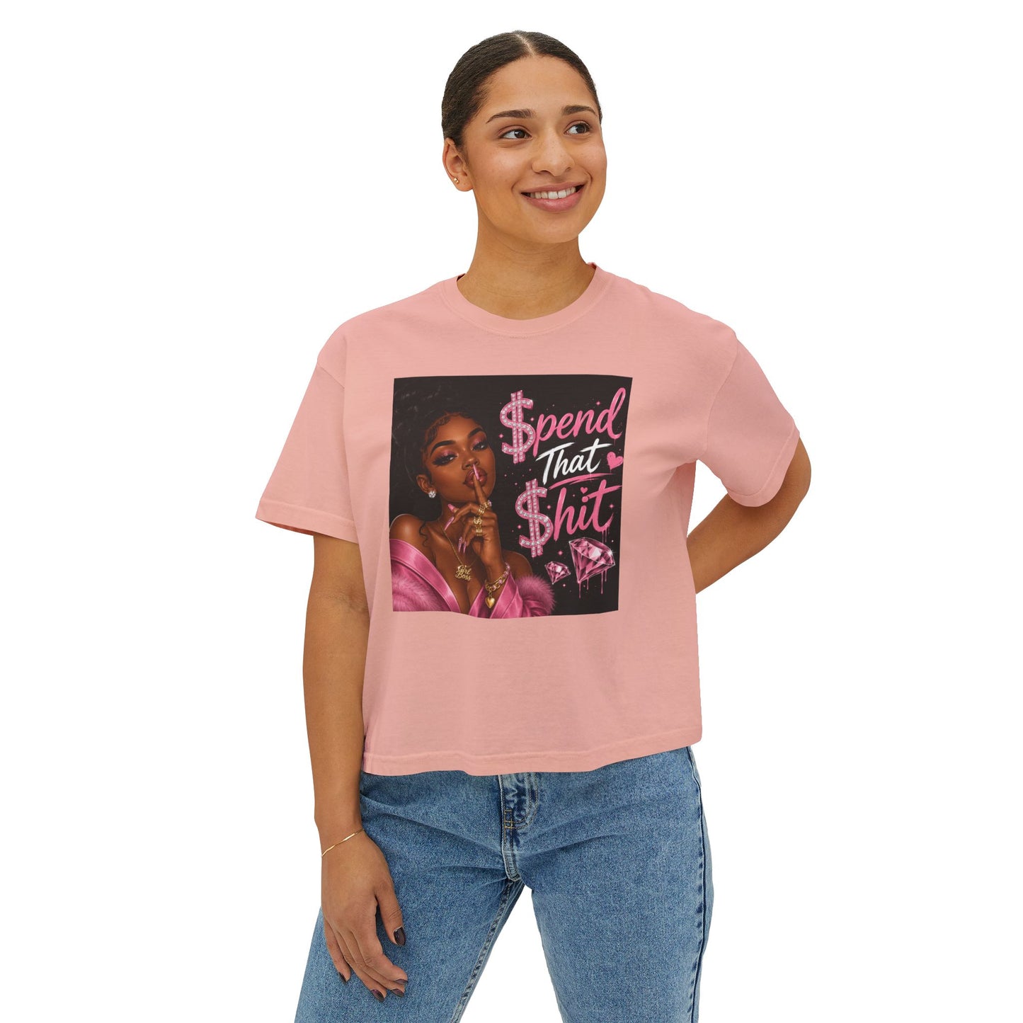 Spend That Shit Boxy Tee — Bold Pink Glam Graphic T-Shirt