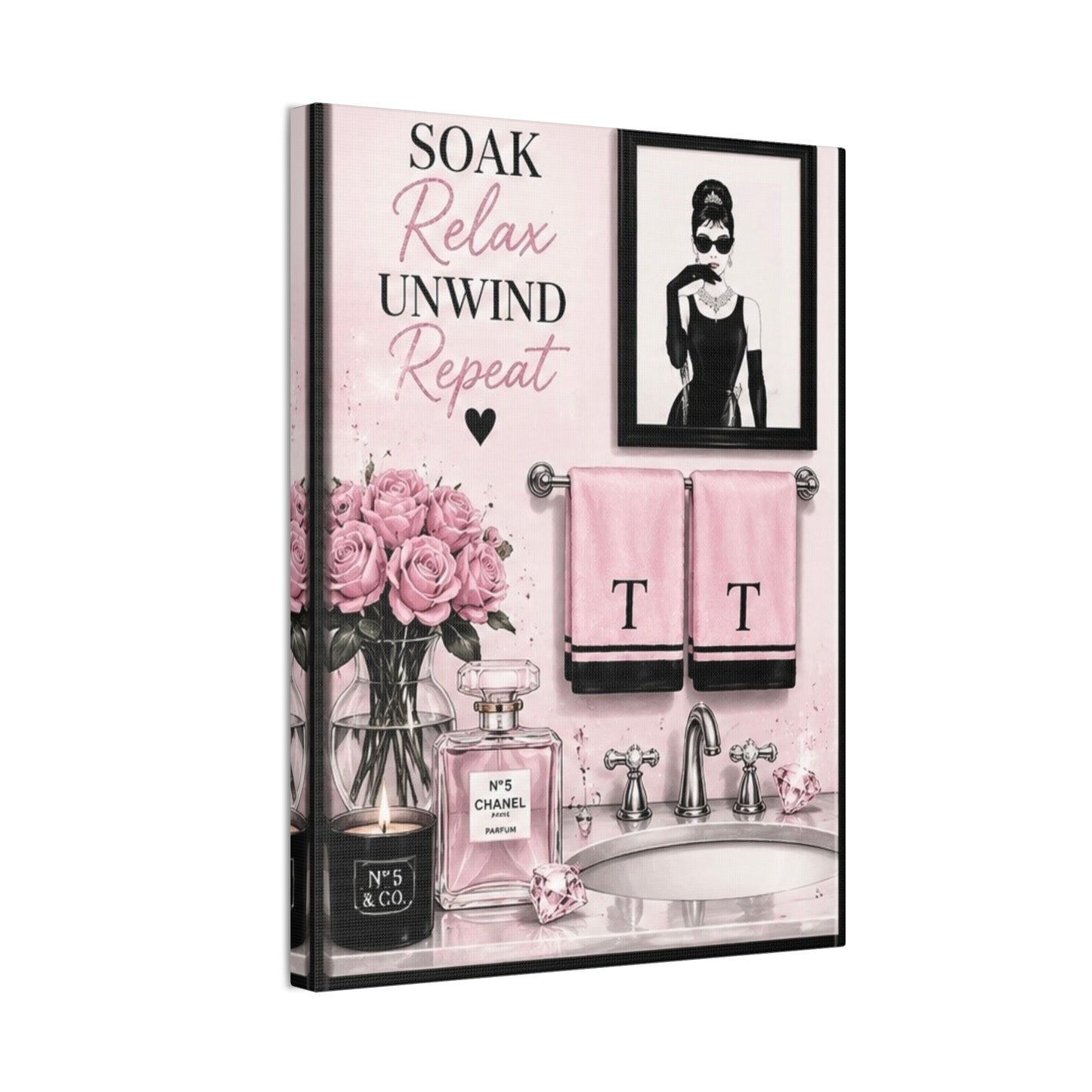 Soak Relax Unwind Repeat Bathroom Canvas Wall Art – Pink Spa Vanity Print