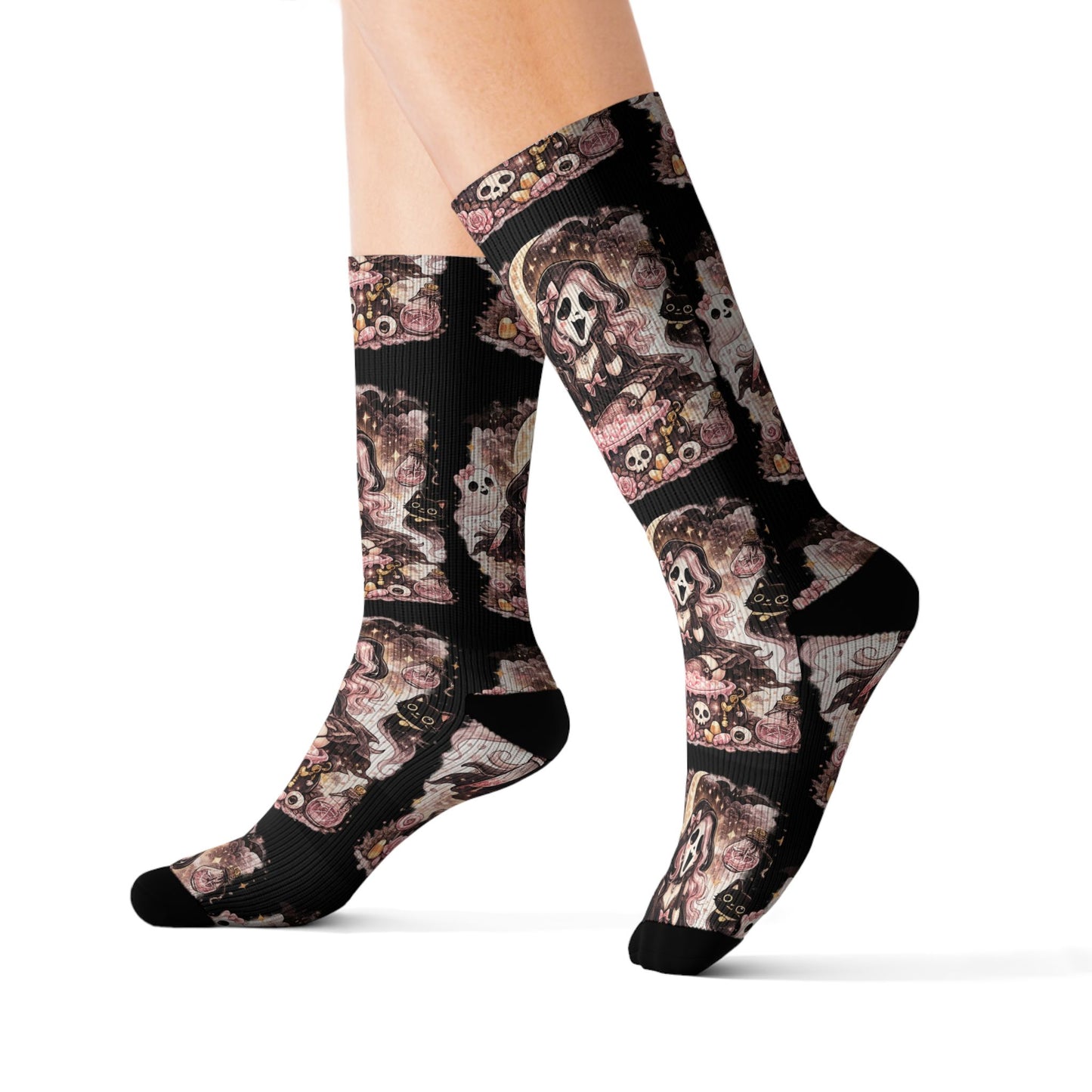 Cat Floral Sublimation Socks — Cute Kitten Patterned Crew Socks