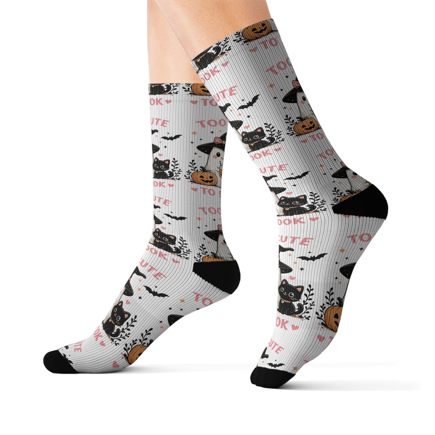 Halloween Cat & Pumpkin Socks — 'Too Cute to Spook' Sublimation Crew Socks