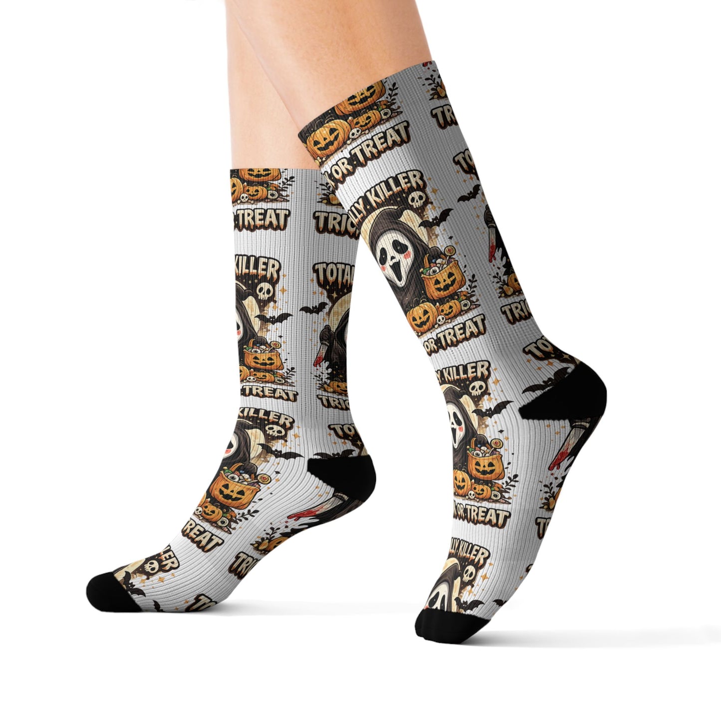 Halloween Ghost Face Sublimation Socks — Trick or Treat Patterned Crew Socks