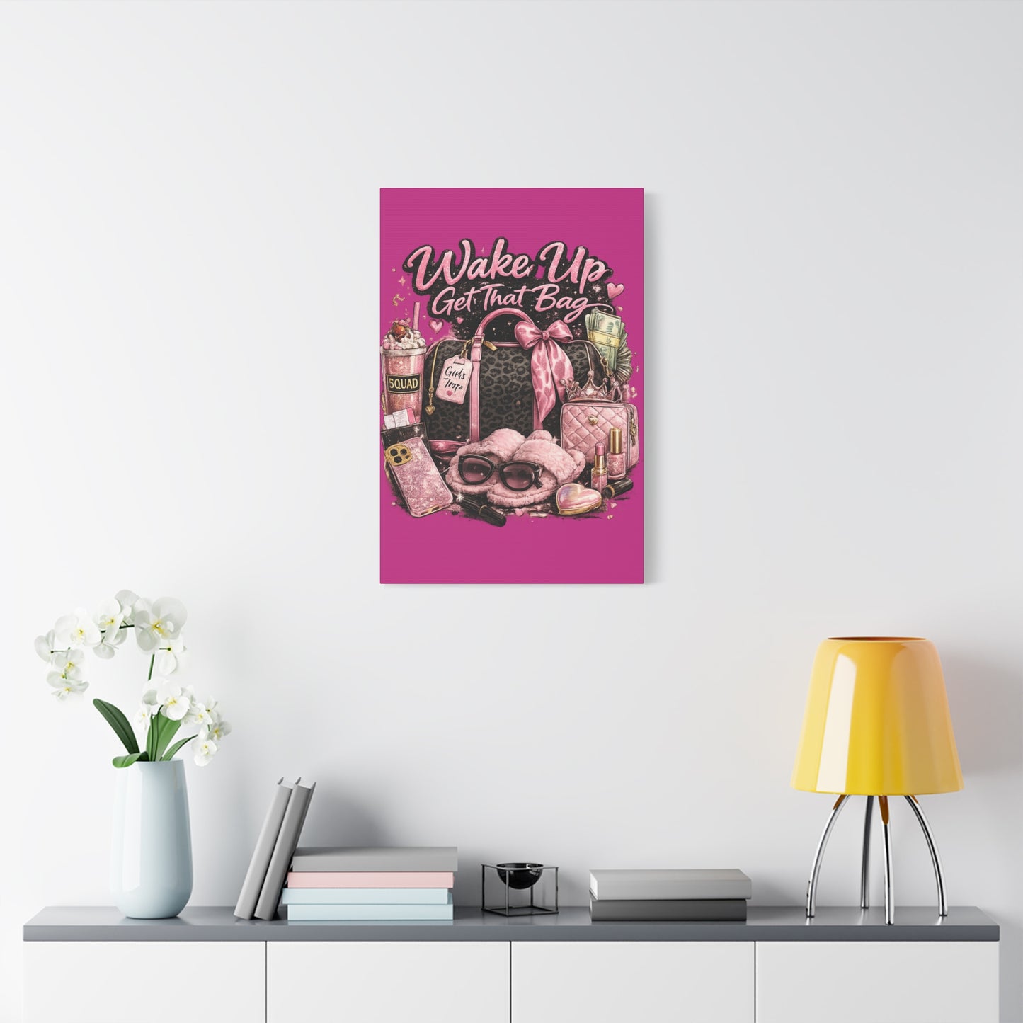 Wake Up Get That Bag Canvas Wall Art — Pink Fashion Glam Bedroom Decor