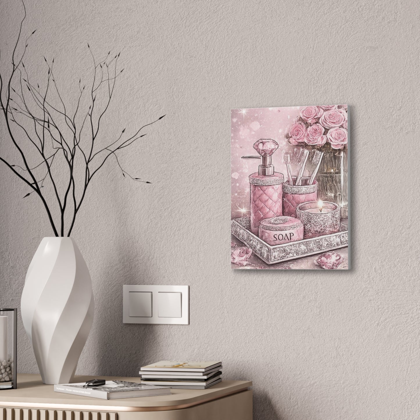 Pink Glam Bathroom Vanity Canvas Art — Sparkling Soap & Roses Wall Decor