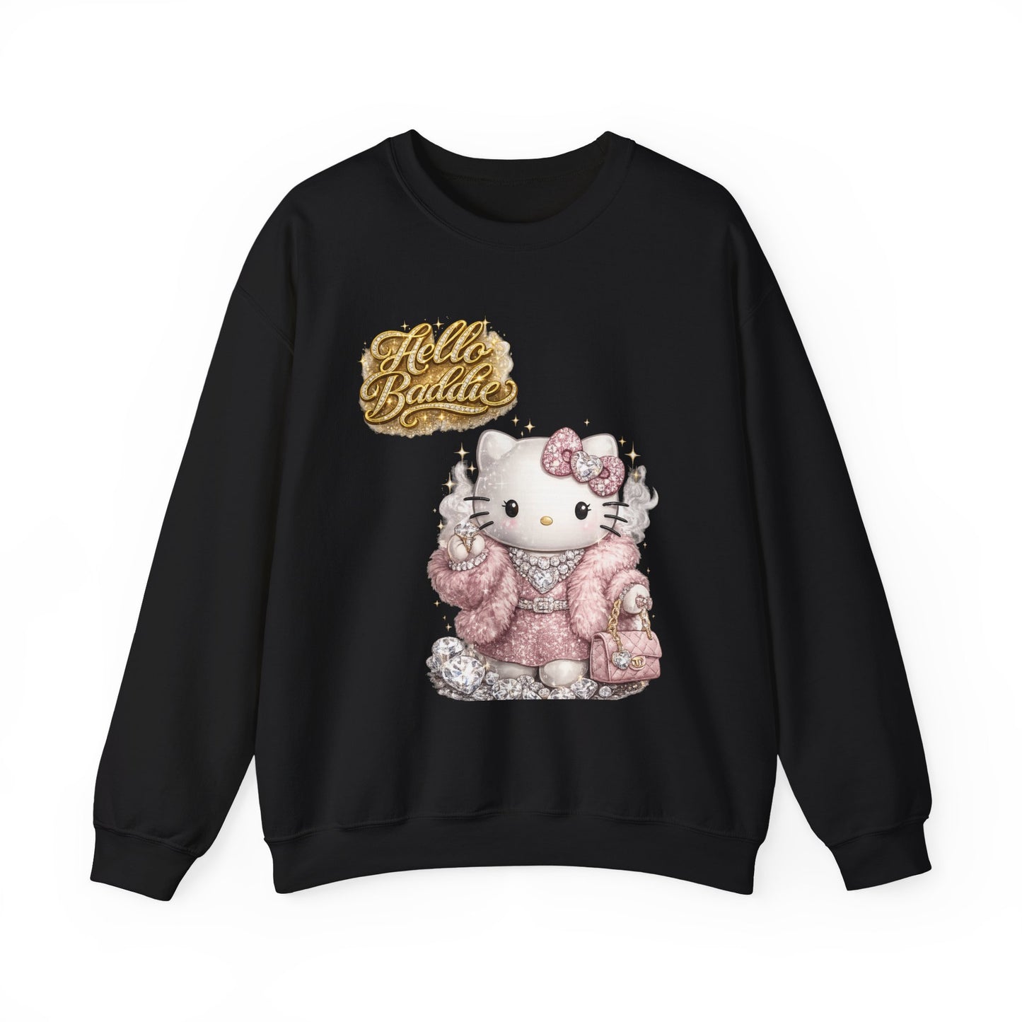 Hello Baddie Crewneck Sweatshirt — Cute Pink Kitty Graphic