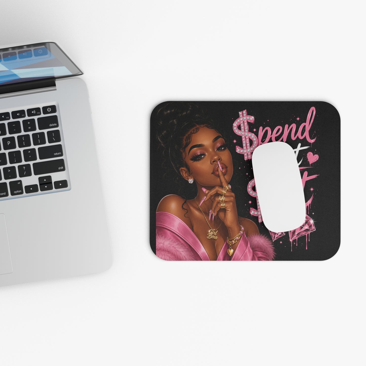 Spend That hit Pink Diamond Mouse Pad — Glam Black Desk Mat for Women