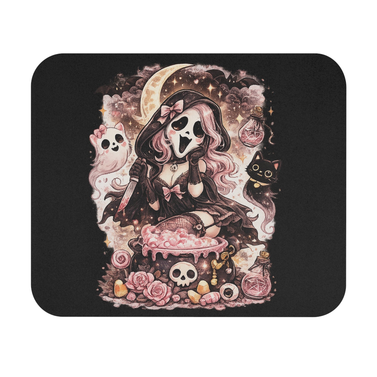Kawaii Witch Skull Mouse Pad — Pastel Goth Magical Cat & Cauldron Gaming Desk Mat