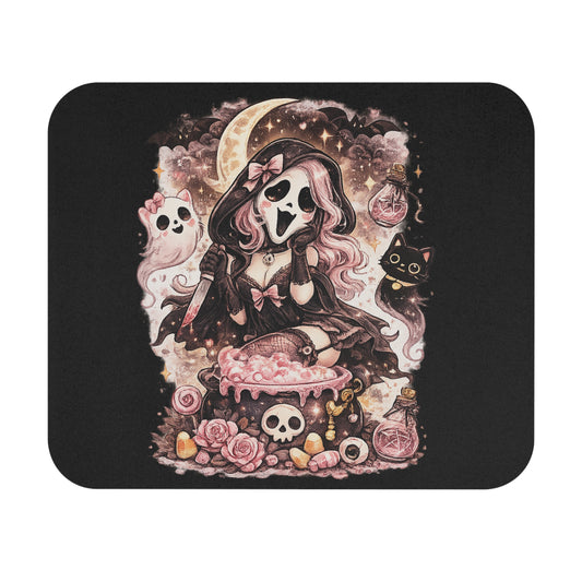 Kawaii Witch Skull Mouse Pad — Pastel Goth Magical Cat & Cauldron Gaming Desk Mat